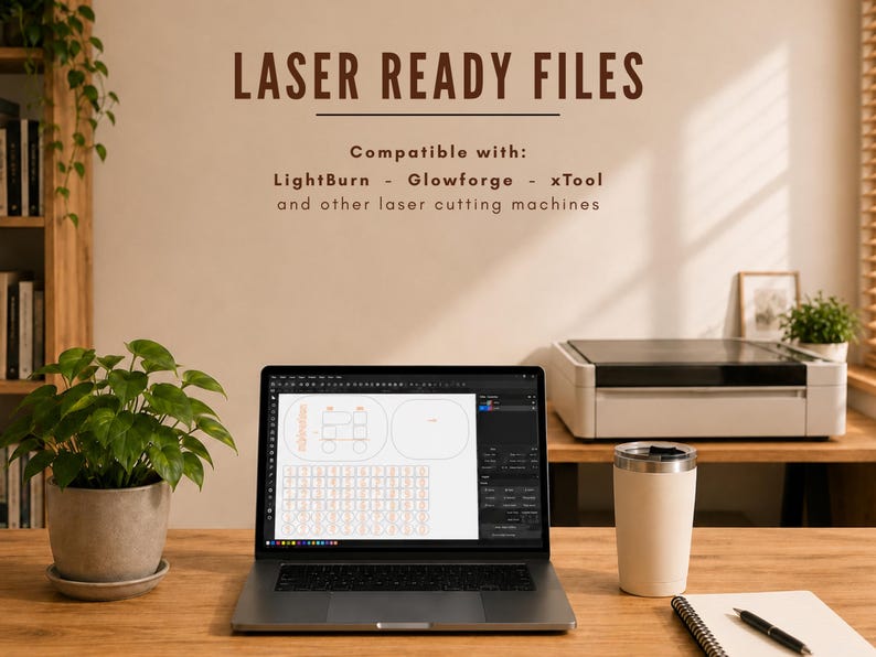 May include: A laptop displaying a design layout sits on a wooden desk, next to a white tumbler and a notebook with a pen. The text "LASER READY FILES" is at the top, with "Compatible with: LightBurn - Glowforge - xTool and other laser cutting machines" below.
