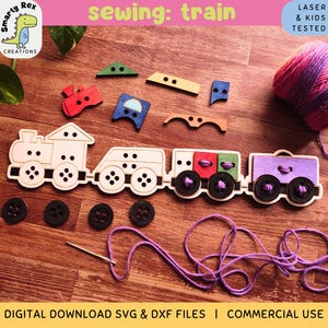 Trein SVG-bestand voor lasersnijden, garennaaiset voor lasercut, knopen aannaaien DXF, rijgbord, Montessori-educatief speelgoed, Homeschool