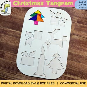 May include: A white wooden Christmas tangram puzzle with a Christmas tree, presents, a reindeer, and a candle. The puzzle is laser cut and tested for kids. The image includes the text "Christmas Tangram" and "Laser & Kids Tested".