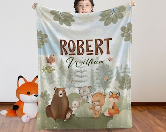 Personalized Woodland Animal Baby Blanket, Plush Velveteen