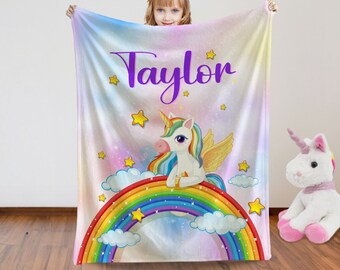 Custom Unicorn Blanket: Plush Rainbow Blanket, Personalized Girl Gift