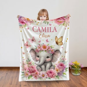 Pink Floral Elephant Baby Blanket: Personalized Girl Name Blanket