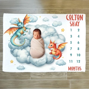 Dragon Milestone Blanket, Fairy Tale Name Blanket, New Baby Gift, Baby Shower Gift, Dragon Nursery, Dragon Baby Boy Blanket, Baby Boy Gift