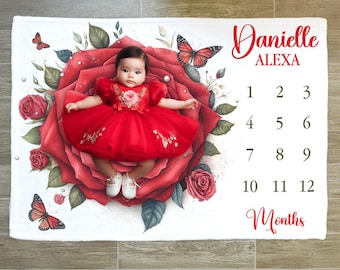 Personalized Red Rose Baby Milestone Blanket: Floral Photography Prop