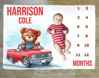 Old Car Milestone Blanket, Personalized Baby Boy Shower Gift