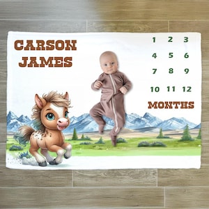Horse Milestone Blanket, Personalized Baby Blanket, Baby Boy Gift, Western Baby Gift, Horse Blanket, Mountains, Monthly Baby Blanket