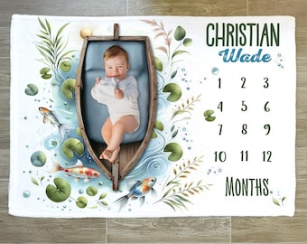 Personalized Fishing Baby Milestone Blanket: Plush Velveteen Boy Gift
