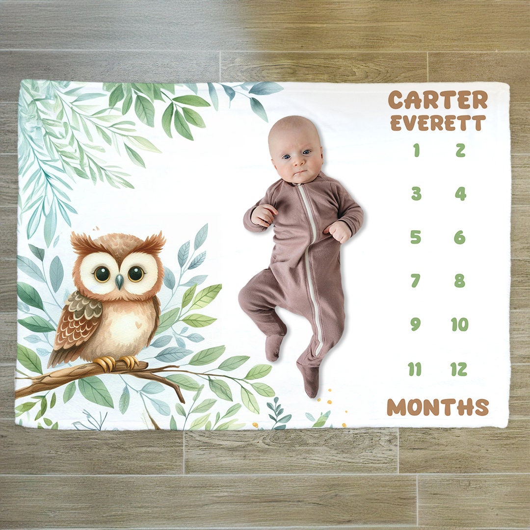 Personalized Owl Milestone Blanket: Plush Baby Boy Gift