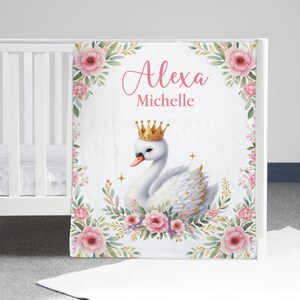 Swan Baby Blanket: Pink Flowers, Personalized Monogram