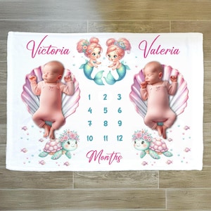 Personalized Mermaid Twin Milestone Blanket: Baby Girl Photo Prop