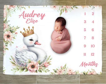 Personalized Swan Milestone Blanket: Floral Baby Girl Photo Prop