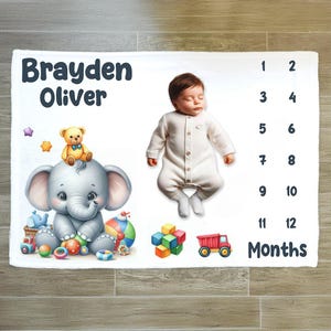 Personalized Elephant Milestone Blanket: Baby Boy Gift
