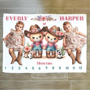 Personalized Western Twin Girls Milestone Blanket, Teddy Bear Gift