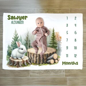 Woodland Milestone Blanket: Custom Name, Forest Animals, Baby Growth Tracker