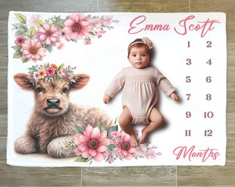 Highland Cow Baby Girl Milestone Blanket: Personalized Monthly Growth Chart