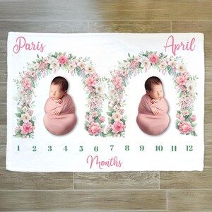 Floral Twin Girls Milestone Blanket: Plush Velveteen Baby Photo Prop