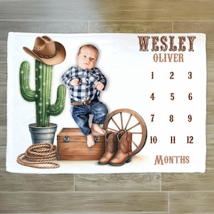 Cowboy Milestone Blanket, Western Theme Milestone, Personalized Baby Boy Growth Blanket, Cowboy Boot Blanket, Custom Name Boy Milestone