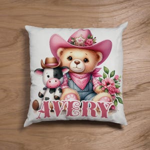Cowgirl Bear Personalized Pillow for Baby Girl, Custom Name Western Pillow, Farm Animal Nursery Decor, Baby Shower Gift