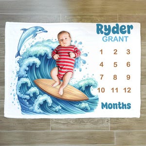 Personalized Surfboard Milestone Blanket: Ocean Baby Photo Prop