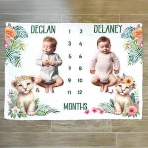 Personalized Safari Twin Milestone Blanket: Boy/Girl Newborn Gift