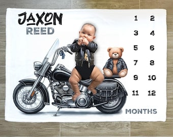 Personalized Motorcycle Baby Milestone Blanket: Rock Theme Growth Tracker