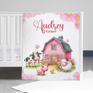 Farm Animals Baby Girl Blanket, Toddler Birthday Gift, Farm Animal Nursery Decor, Cow Theme Blanket, Toddler Blanket, Farm Baby Girl
