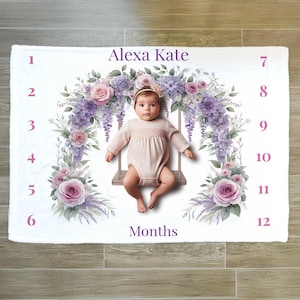 Floral Milestone Blanket, Baby Girl Milestone Blanket, Purple Milestone Blanket, Personalized Month Blanket, Newborn Milestone Blanket