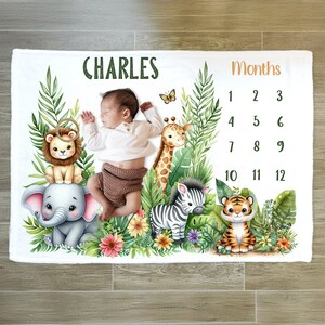 Safari Milestone Blanket, Baby Month Milestone Blanket, Safari Animals Baby Milestone Blanket,Jungle Animals,Lion Elephant,Track Baby Growth