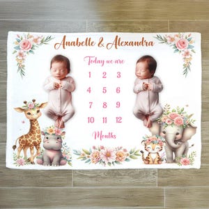 Personalized Safari Twin Milestone Blanket, Floral Safari Animals
