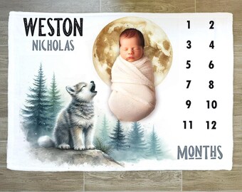 Personalized Wolf Milestone Blanket: Woodland Baby Growth Tracker