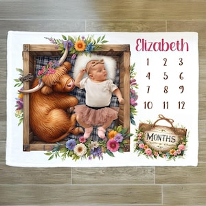 Highland Cow Baby Girl Milestone Blanket, Month Baby Blanket, Highland Cow Baby Blanket, Highland Cow Nursery, Girl Cow Milestone Blanket