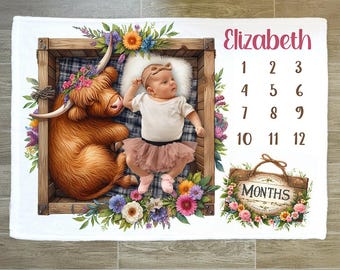 Highland Cow Baby Milestone Blanket: Plush Girl Nursery Decor