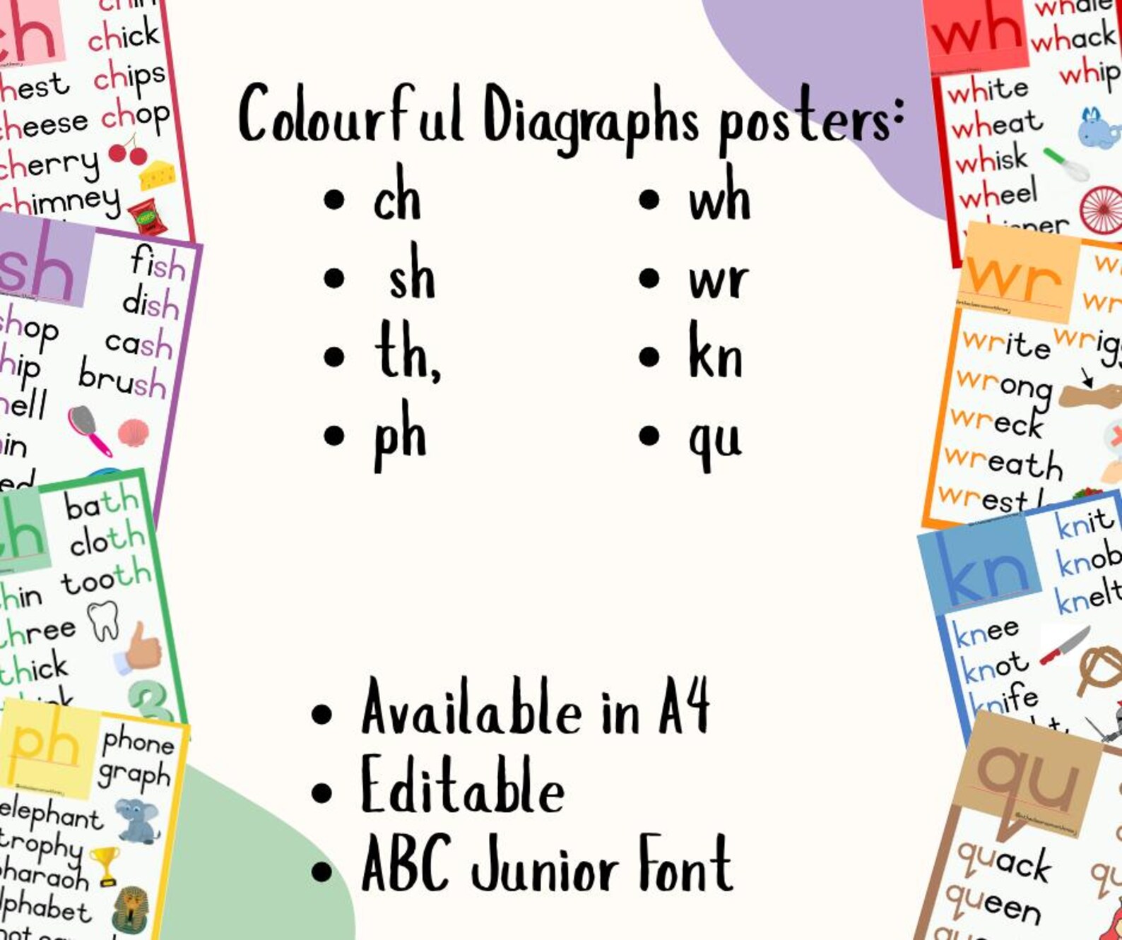 A4 Colourful Digraph Posters | Phonics Wall Display | Foundation Phase ...
