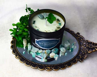 New beginnings candle, crystal candle, gift candle, amazonite candle, tin candle, crystal gift candle, spell candle, amazonite crystals