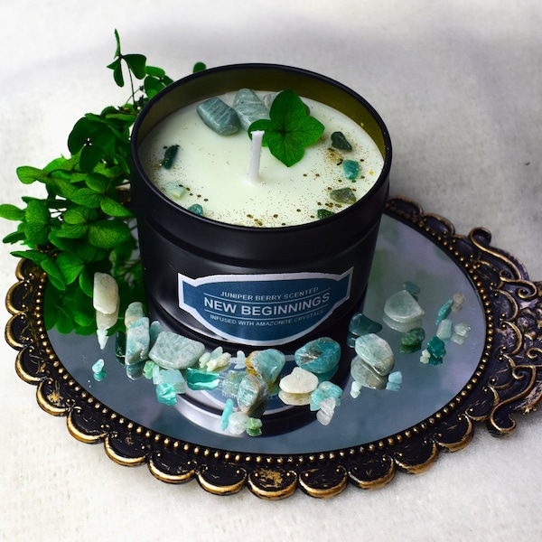 New beginnings candle, crystal candle, gift candle, amazonite candle, tin candle, crystal gift candle, spell candle, amazonite crystals