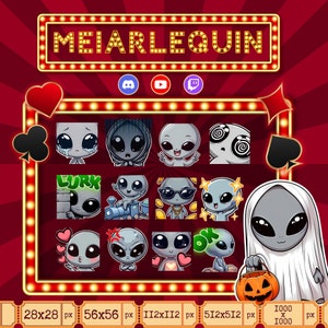 May include: A set of 16 digital stickers featuring a cartoon alien character in various poses and expressions. The stickers are arranged in a grid with a red background and a yellow border. The text "MEIARLEQUIN" is displayed at the top of the image.