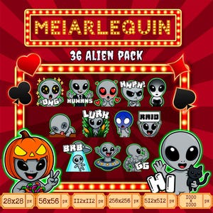 以下が含まれることがあります： 「MEIARLEQUIN」と「36 ALIEN PACK」のテキストが入ったデジタルグラフィック。さまざまな表情やポーズの漫画のエイリアンキャラクターが描かれています。カボチャの頭のエイリアンと黒猫を連れたフレンドリーなエイリアンもいます。