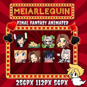 Könnte beinhalten: Ein digitales Sticker-Set mit dem Titel MEIARLEQUIN FINAL FANTASY ANIMATED, das acht Charakter-Illustrationen im Chibi-Stil enthält. Die Grafiken zeigen Figuren mit Leuchtstäben, Popcorn, Geld und Blumen vor einem roten Hintergrund mit Kartensymbolen.