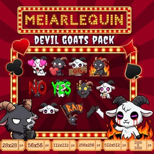 Może przedstawiać: Grafika cyfrowa z tekstem "MEIARLEQUIN DEVIL GOATS PACK" w ramce w stylu namiotu. Obraz przedstawia postacie z kreskówek kóz z różnymi wyrazami twarzy i rekwizytami, w tym sercami, płomieniami i flagą "RAID". Zawiera również wskaźniki rozmiaru pikseli.