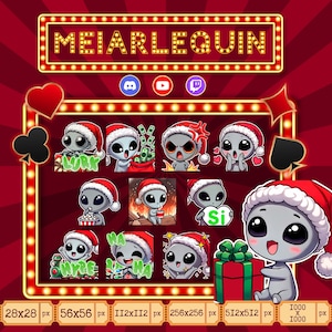 May include: A set of 10 Christmas-themed digital stickers featuring a gray alien wearing a Santa hat. The stickers are in various sizes, ranging from 28x28 pixels to 1000x1000 pixels. The stickers feature different expressions and poses, including a thumbs up, a thumbs down, a heart, a gift, and a money bag.