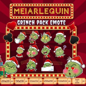 Peut inclure: Graphique d'art numérique avec une collection d'émoticônes sur le thème du Grinch. Chaque émoticône représente le Grinch dans diverses expressions, portant un bonnet de Père Noël et un costume rouge. Le texte "MEIARLEQUIN" et "GRINCH PACK EMOTE" est inclus.
