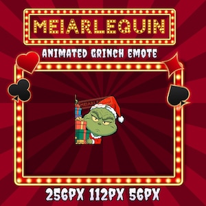 Peut inclure: Émoticône animé du Grinch avec un bonnet de Père Noël rouge et blanc, tenant des cadeaux. L'image a un fond rouge avec une bordure de style chapiteau et le texte "MEIARLEQUIN" en haut. Le texte "ANIMATED GRINCH EMOTE" est également présent.
