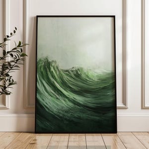 Arte mural abstracto de olas oceánicas en verde esmeralda, impresión artística de movimiento fluido, póster digital moderno, obra de decoración imprimible para el hogar.