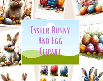 Easter Bunny And Egg, Easter Clipart, Printable Watercolor clipart, High Quality JPG, Digital download, Paper craft, junk journal