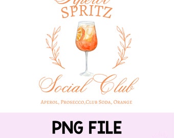 May include: A digital download of a watercolor illustration of an Aperol Spritz cocktail with the text "Aperol Spritz Social Club" and the ingredients "Aperol, Prosecco, Club Soda, Orange".
