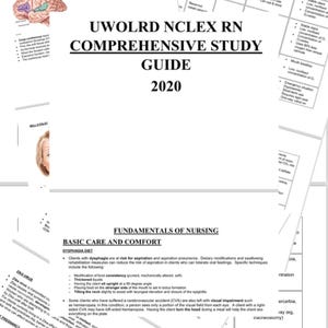 May include: A study guide for the NCLEX-RN exam, titled "UWOLRD NCLEX RN Comprehensive Study Guide 2020". The guide covers fundamentals of nursing, including basic care and comfort, dysphagia diet, and oxygen delivery systems.