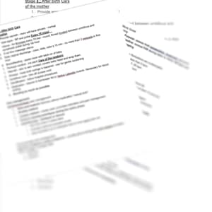 Puede incluir: Un documento en blanco y negro con el título "Etapa 4: Atención después del parto de la madre" y una lista de instrucciones para el cuidado posparto. Las instrucciones incluyen la comprobación de los signos vitales, la monitorización del sangrado y el cuidado del recién nacido.