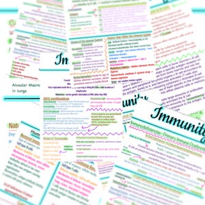 May include: A colorful, handwritten study guide on the topic of immunity. The guide includes information on the immune system, HIV replication, and immunodeficiencies. The text is written in a variety of colors and fonts, and includes diagrams and illustrations.