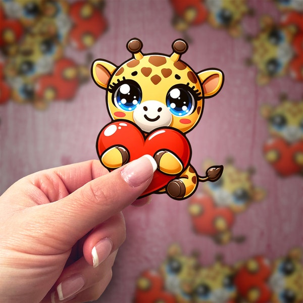 Kawaii Giraffe Vinyl Sticker with Heart - Perfect for Valentine's Day - Cute Animal Decal in 3 sizes