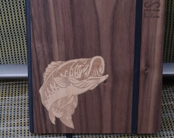 Engraved Wood Fishing Log Journal - Bass Fishing Gift, Fisherman's Notebook Prompted Fishing Pages Journal